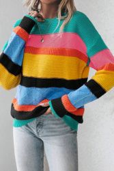 Pink Colorblock Textured Knit Bubble Sleeve Sweater