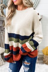 White Buttoned Shoulder Drop Shoulder Striped Sweater