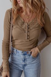 Beige Lace Crochet V Neck Long Sleeve Top