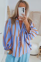 Sky Blue Stripe Crinckled Ruffled Sleeve Button up Loose Shirt