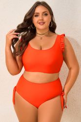 Orange Ruffled Trim Knotted High Waist Plus Size Bikini Set