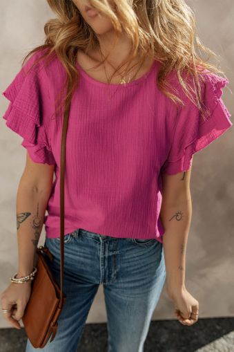 Rose Red Crinkled Cotton Gauze Ruffle Sleeve Blouse