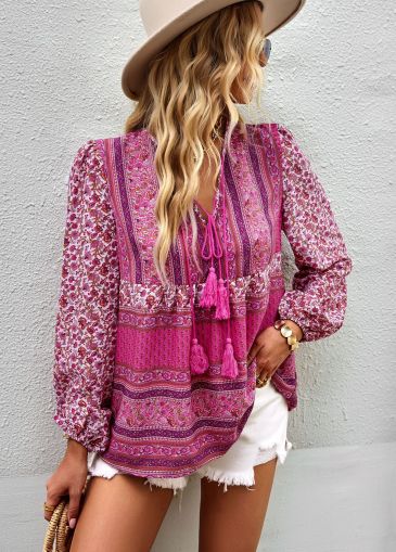 Pink Floral Boho Tassel Blouse