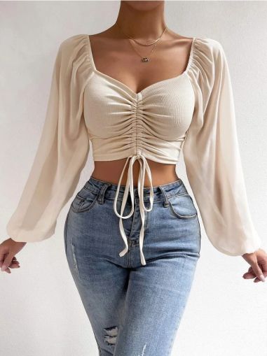 Cropped Long Sleeve Top with Front Drawstring and Square Neck