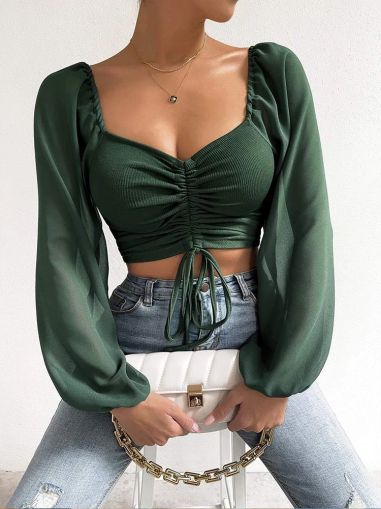 Cropped Long Sleeve Top with Front Drawstring and Square Neck