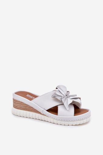 Women’s Leather Wedge Slippers with Decorative Flower – Step in Style