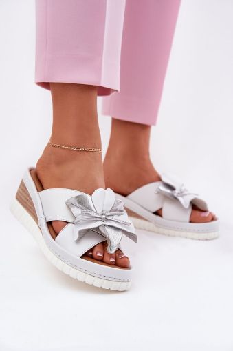 Women’s Leather Wedge Slippers with Decorative Flower – Step in Style