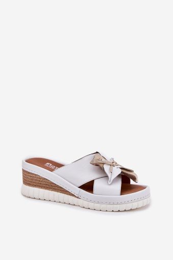 Women’s Leather Wedge Slippers with Decorative Flower – Step in Style