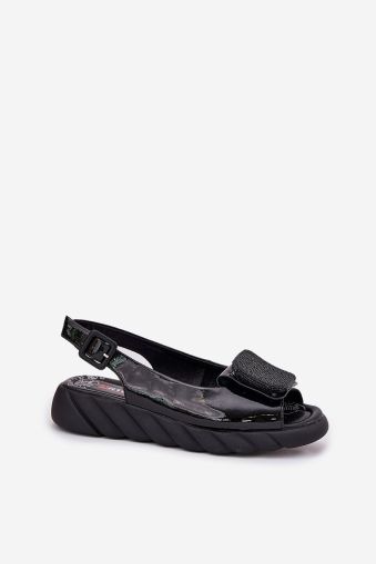 Women’s Black Leather Wedge Sandals with Buckle and Decorative Detail