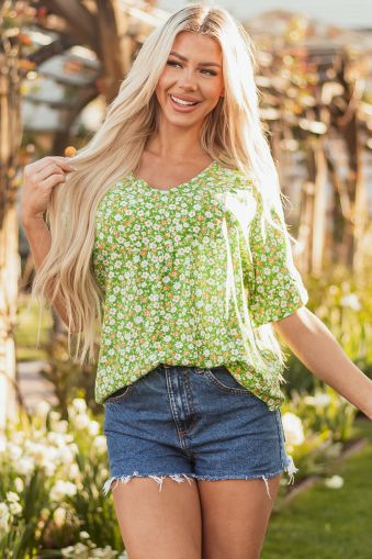 Green Floral Print Ruffle Sleeve V Neck Blouse Top