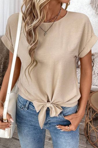  Beige Knot Front Short Sleeve Blouse