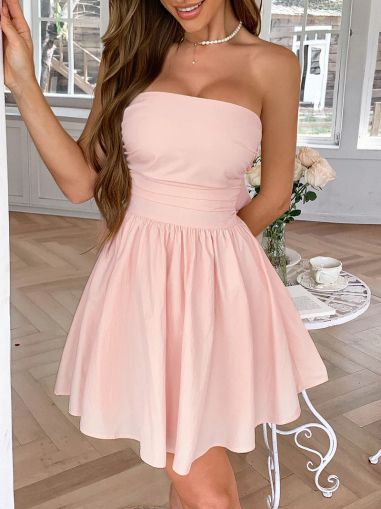 Pink Strapless Mini Dress with Bow Back