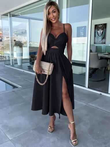 Black Elegant Cutout Midi Dress with Slit