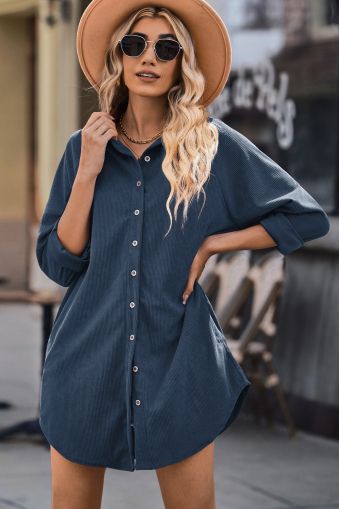 Blue Shirt-Style Dress with Long Sleeves and Buttons