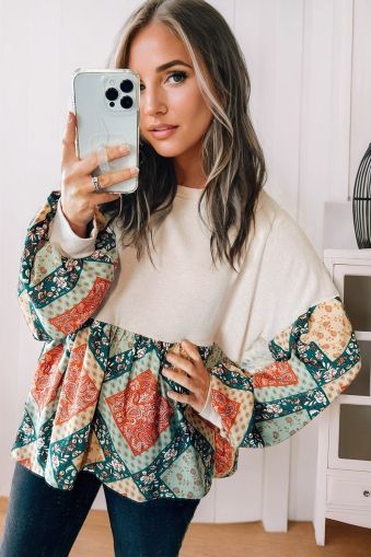 Paisley Geometric Patchwork Crew Neck Loose Fit Top