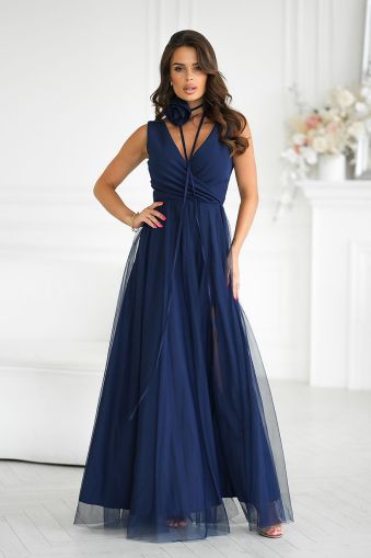 Long Dark Blue Dress with Decorative Rose Belt and Airy Skirt