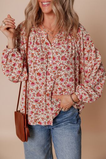 Black Floral Print Criss Cross V Neck Balloon Sleeve Blouse