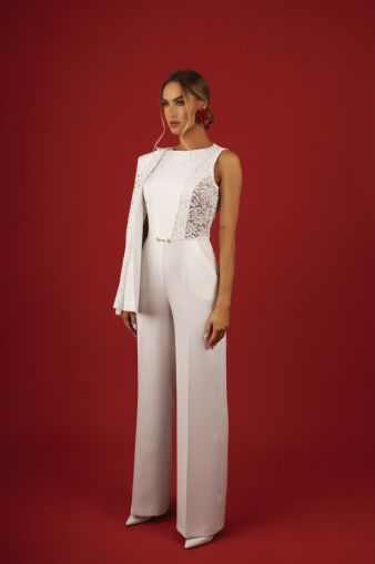 Luxury White Jumpsuit with Lace Panels and Elegant Detail