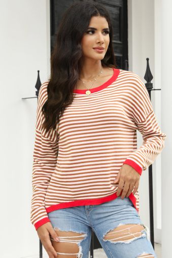 Contrast Trimmed Striped Drop Shoulder Sweater, 100% Cotton
