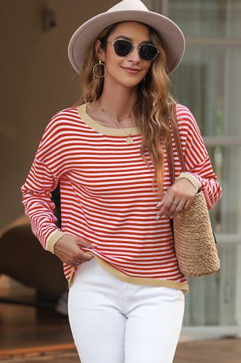 Contrast Trimmed Striped Drop Shoulder Sweater, 100% Cotton