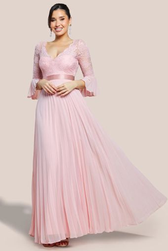 Powder Pink Lace Bodice Pleated Chiffon Maxi Dress with Bell Sleeves