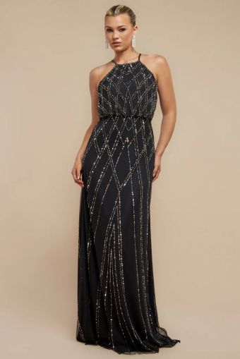 Black Sequin Racer Neck Maxi Dress