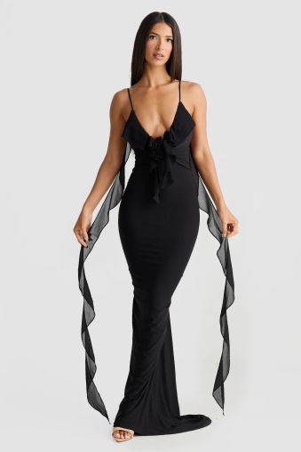 Black Open-Back Maxi Dress with Thin Straps and Ruffle Detail