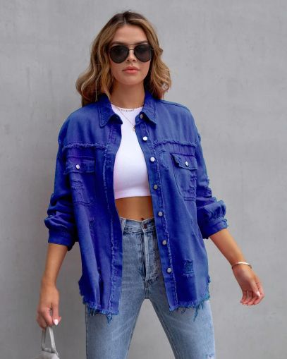 Blue Distressed Denim Jacket with Raw Hem