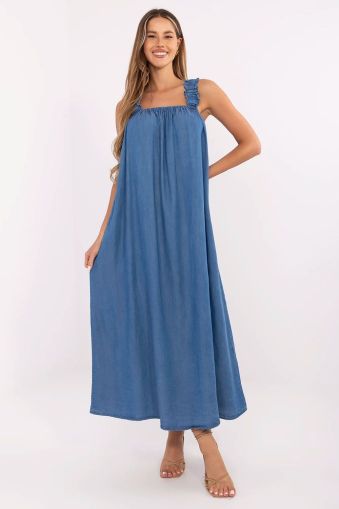 Summer Denim Maxi Light Blue Dress with Ruffled Wide Straps and Back Tie
