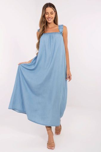 Summer Denim Maxi Light Blue Dress with Ruffled Wide Straps and Back Tie