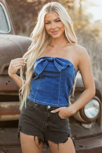 Blue Strapless Denim Bustier with Front Bow Detail