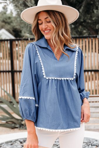 Women’s Blue Blouse with White Lace Ric Rac Trim and Puff Sleeves