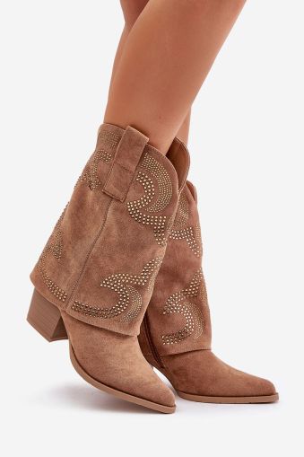 Women’s Brown Mid-Calf Cowboy Boots with Decorative Studs