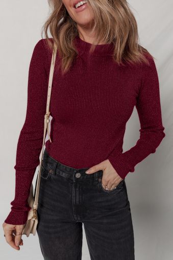 Women's Wine Red Ribbed Knit Slim Fit Long Sleeve Top