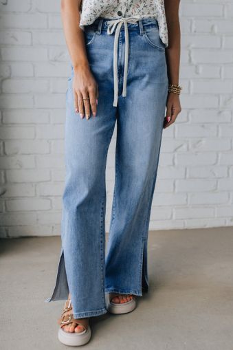 Women’s Blue High Waist Jeans with Drawstring and Slit Legs