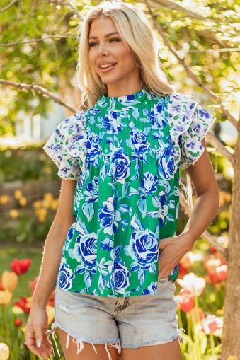 Women's Green Floral Print Short Sleeve Blouse