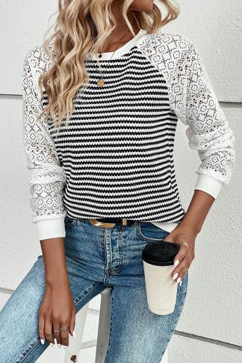 Women's Black and White Striped Top with Lace Sleeves