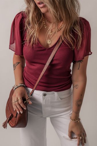 Women's Burgundy Blouse with Chiffon Sleeves