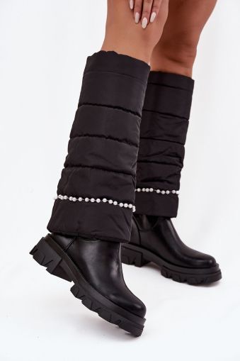 Women’s Black Eco Leather and Textile Boots with Pearl Details