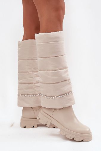 Women’s Beige Eco Leather and Textile Boots with Pearl Details