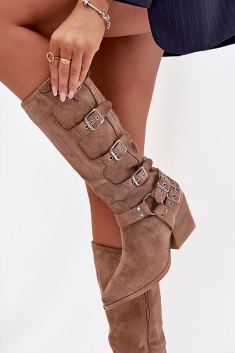 Women’s Faux Suede Cowboy Boots with Buckles