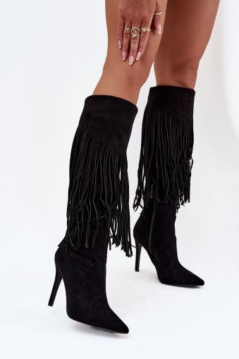 Women’s Black Faux Suede Fringe High Heel Boots