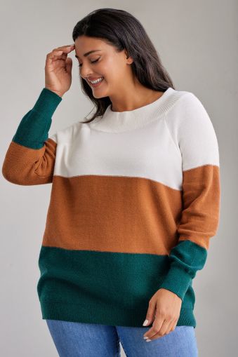 Women's Plus Size Ribbed Trim Color Block Sweater