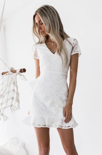 Women's White Lace Dress with Short Sleeves and Sheer Back