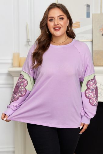 Women’s Plus Size Lavender Top with Floral Patchwork Sleeves