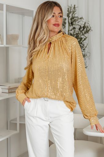 Women's Gold Sequin High Neck Blouse
