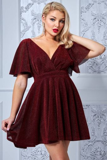 Women's Red Glitter Short Dress with Flared Skirt and Flutter Sleeves