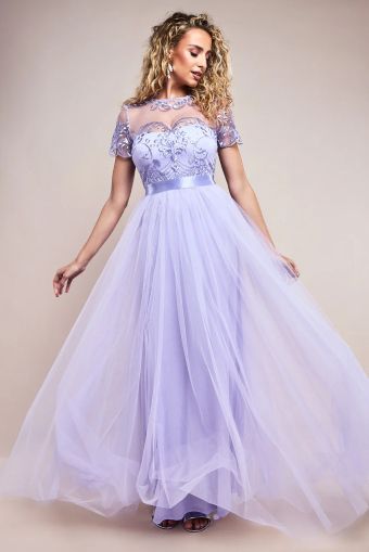 Women's Long Lavender Tulle Dress with Embroidered Bodice and Satin Waistband