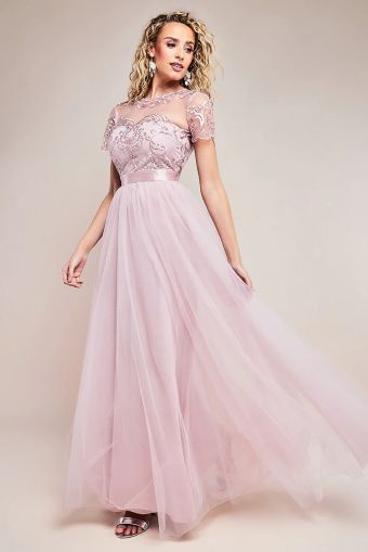 Women's Long Blush Tulle Dress with Embroidered Bodice and Satin Waistband