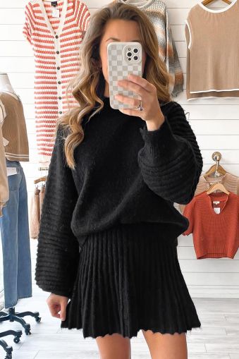 Women's Black High Neck Puff Sleeve Sweater Pleated Mini Skirt 2pcs Knitted Outfit